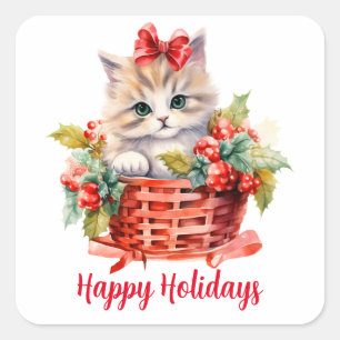 Cute Christmas Kitten in a Basket Square Sticker