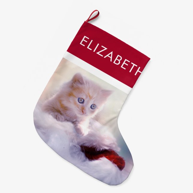 Cute Christmas Kitten Photograph Large Christmas Stocking (Front (Hanging))