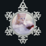 Cute Christmas Kitten Photograph Snowflake Pewter Christmas Ornament<br><div class="desc">A Christmas ornament with a photograph of a ginger kitten sitting on a soft white and red Santa hat. Blurry glittering lights bokeh background.</div>