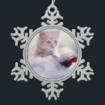 Cute Christmas Kitten Photograph Snowflake Pewter Christmas Ornament<br><div class="desc">A Christmas ornament with a photograph of a ginger kitten sitting on a soft white and red Santa hat. Blurry glittering lights bokeh background.</div>