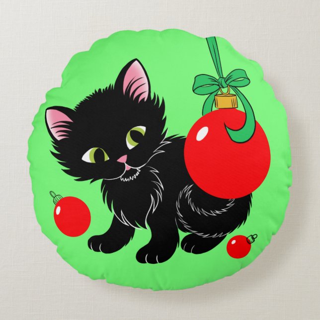 Cute Christmas Kitten Round Cushion (Front)