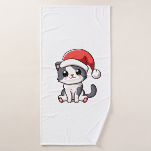 Cute Christmas kitten wearing Santa hat Bath Towel