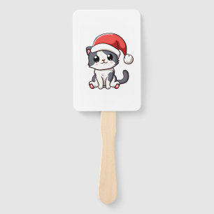 Cute Christmas kitten wearing Santa hat   Hand Fan