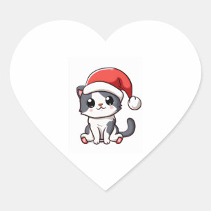Cute Christmas kitten wearing Santa hat Heart Sticker
