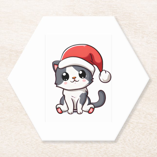 Cute Christmas kitten wearing Santa hat   Paper Coaster (Front)