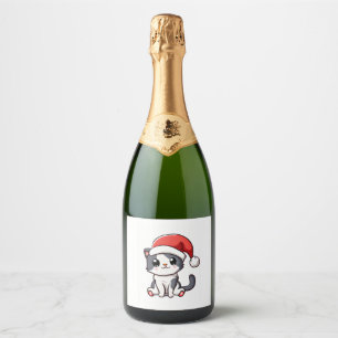 Cute Christmas kitten wearing Santa hat Sparkling Wine Label