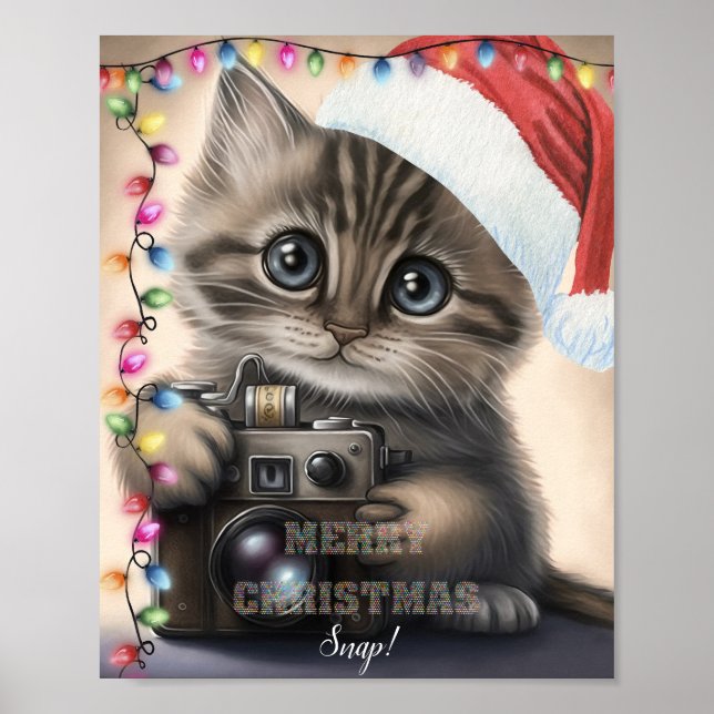 Cute Christmas Kitten with Camera Poster (Front)