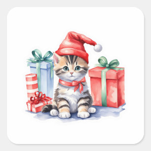 🎄 Cute Christmas Kitten with Piles of Gifts Stick Square Sticker