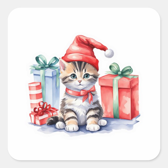🎄 Cute Christmas Kitten with Piles of Gifts Stick Square Sticker (Front)