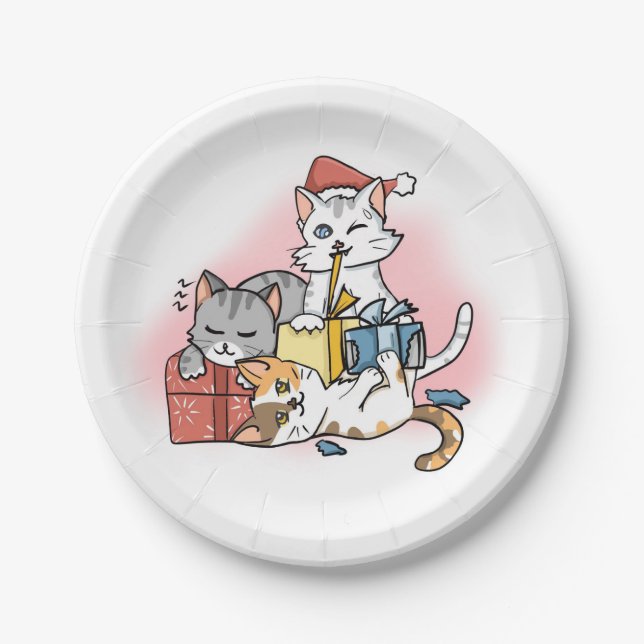Cute Christmas Kittens playing with Gifts Cartoon Paper Plate (Front)