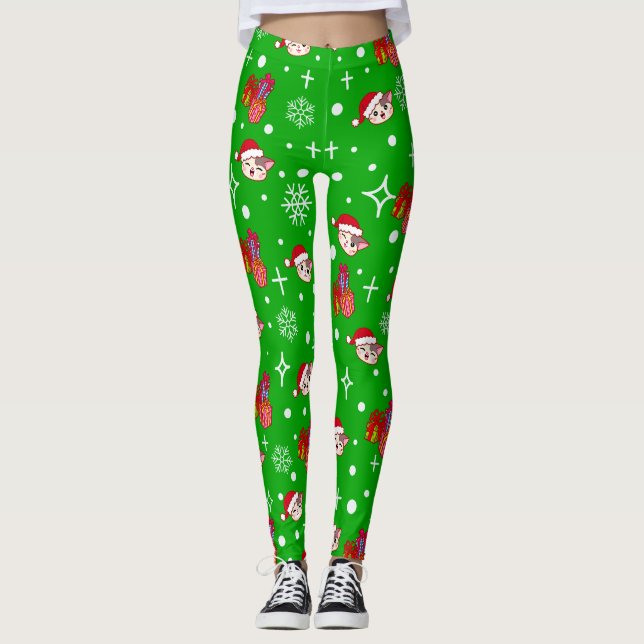 Cute Christmas Kitty Green Leggings (Front)