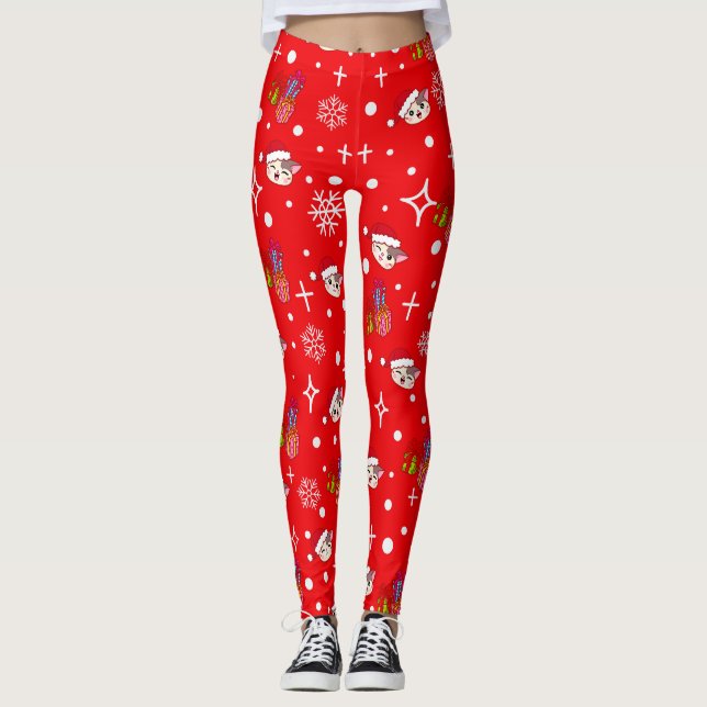 Cute Christmas Kitty Red Leggings (Front)