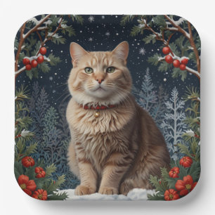 Cute Christmas kitty winter holiday greenery Paper Plate