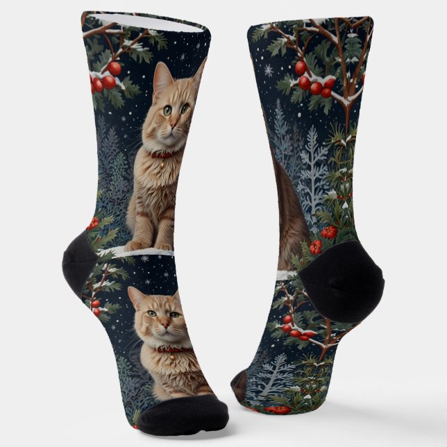 Cute Christmas kitty winter holiday greenery  Socks (Angled)
