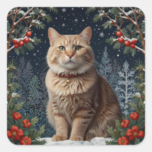 Cute Christmas kitty winter holiday greenery  Square Sticker