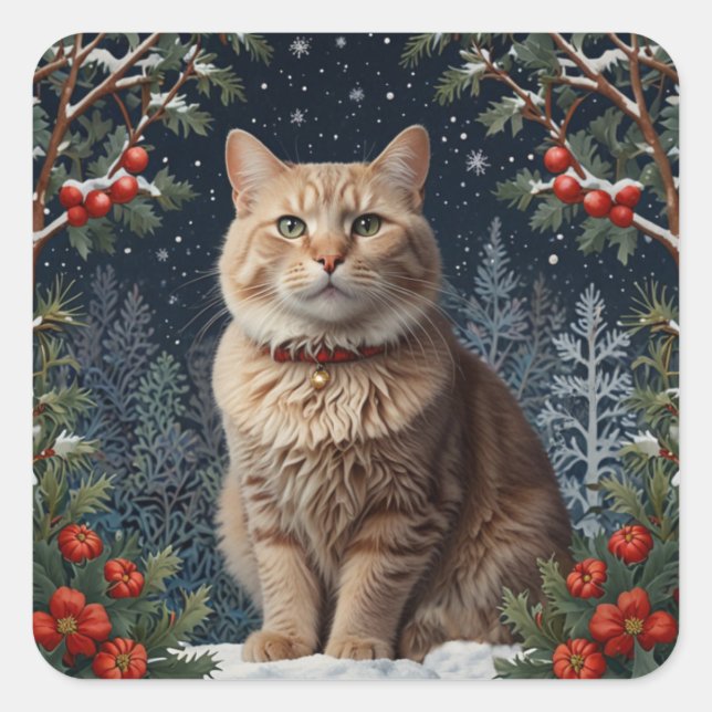 Cute Christmas kitty winter holiday greenery  Square Sticker (Front)
