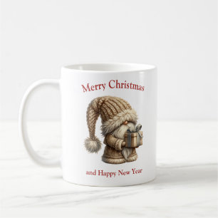 Cute Christmas knitted ivory gnome with present Coffee Mug