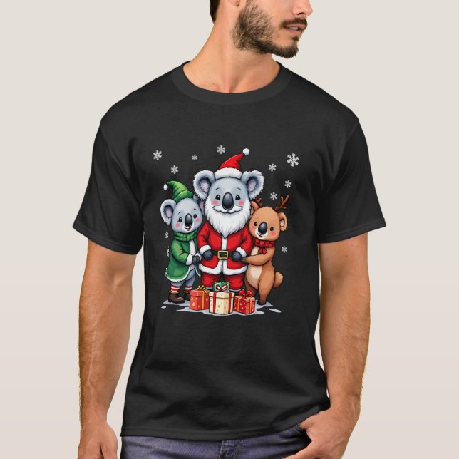 Cute Christmas Koalas in Santa Elf and Reindeer Co T-Shirt (Front)