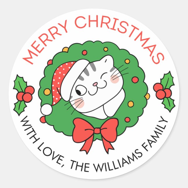 Cute Christmas Label Stickers with cat and wreath (Front)