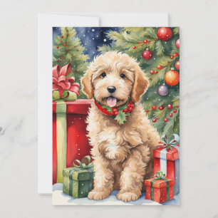Cute Christmas Labradoodle Puppy with Gifts Holiday Card
