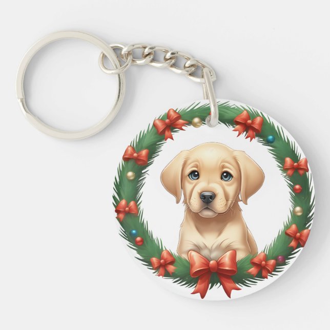 Cute Christmas Labrador Pup Wreath Festive  Key Ring (Front)