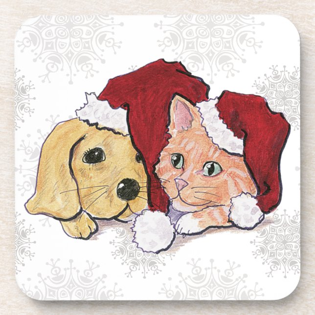 Cute Christmas Labrador Puppy and Orange Tabby Coaster (Front)