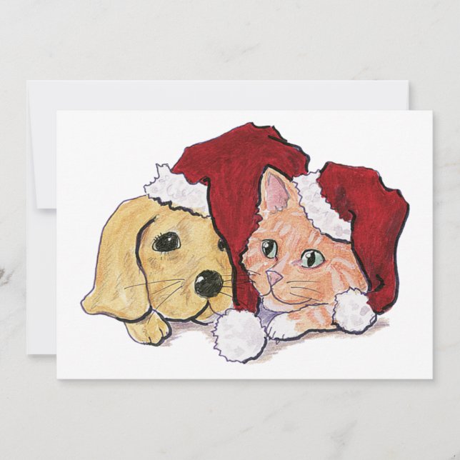 Cute Christmas Labrador Puppy and Orange Tabby Holiday Card (Front)