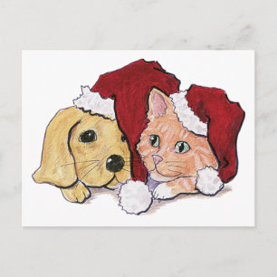 Cute Christmas Labrador Puppy and Orange Tabby Holiday Postcard
