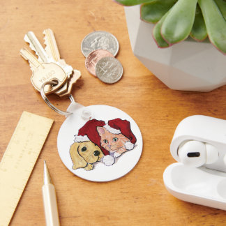 Cute Christmas Labrador Puppy and Orange Tabby Key Ring