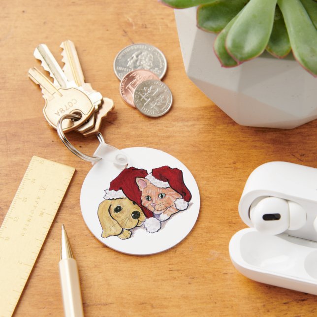 Cute Christmas Labrador Puppy and Orange Tabby Key Ring (Desk)