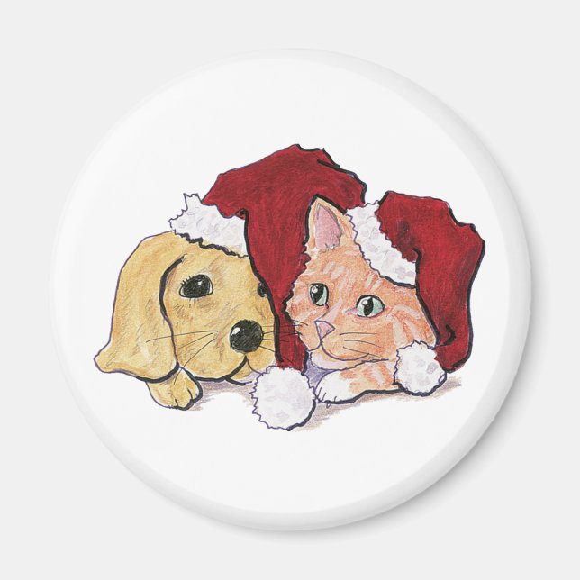 Cute Christmas Labrador Puppy and Orange Tabby Magnet (Front)