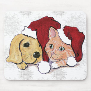 Cute Christmas Labrador Puppy and Orange Tabby Mouse Mat