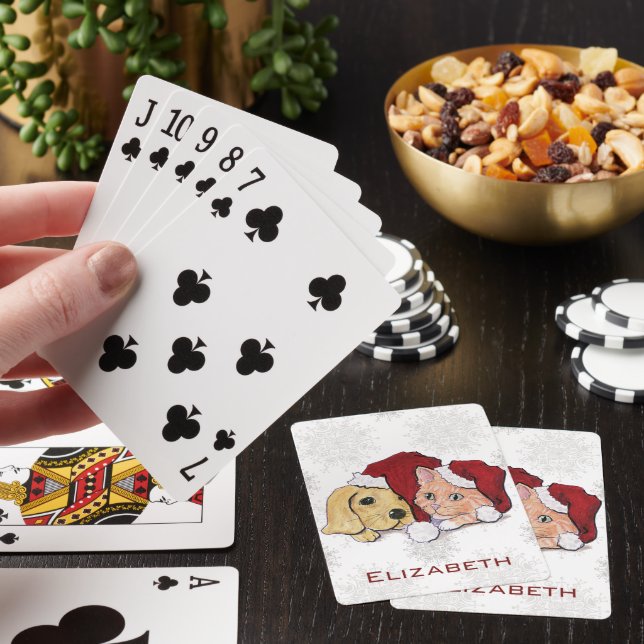 Cute Christmas Labrador Puppy and Orange Tabby Playing Cards (In Situ)