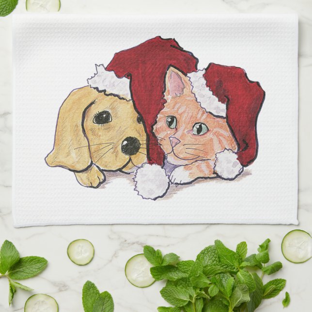 Cute Christmas Labrador Puppy and Orange Tabby Tea Towel (Folded)