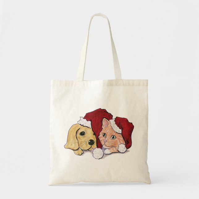 Cute Christmas Labrador Puppy and Orange Tabby Tote Bag (Front)