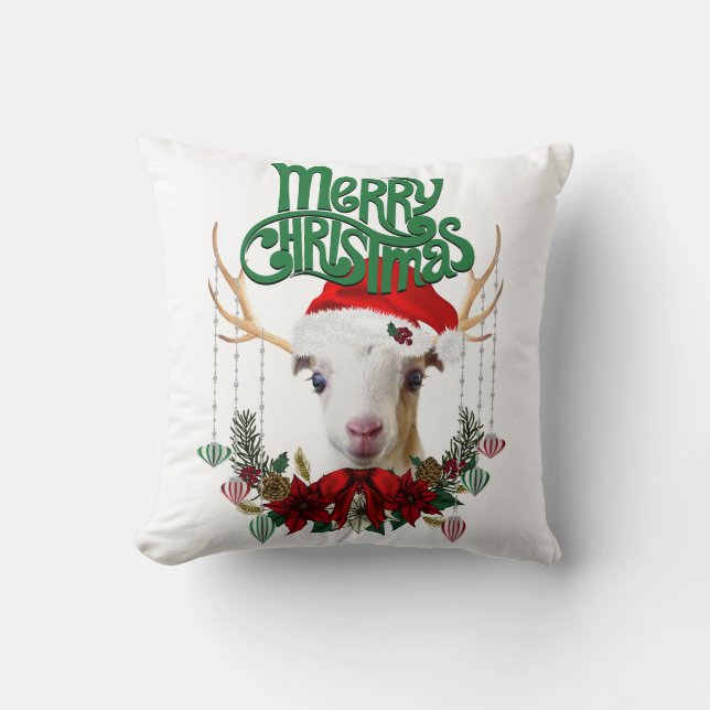 Cute Christmas LaMancha Goat Antlers and Wreath Cushion (Front)
