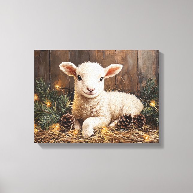 Cute Christmas Lamb Rustic Painting Canvas Print (Front)