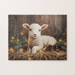 Cute Christmas Lamb Rustic Painting Jigsaw Puzzle