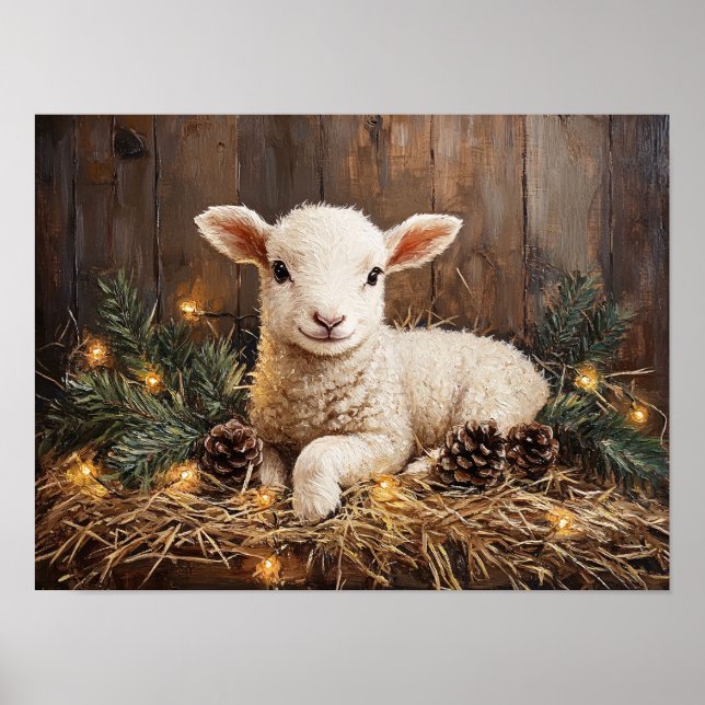 Cute Christmas Lamb Rustic Painting Poster (Front)