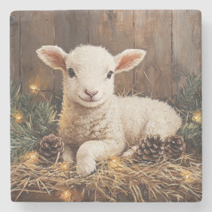 Cute Christmas Lamb Rustic Painting Stone Coaster