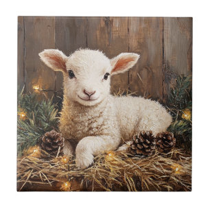 Cute Christmas Lamb Rustic Painting Tile