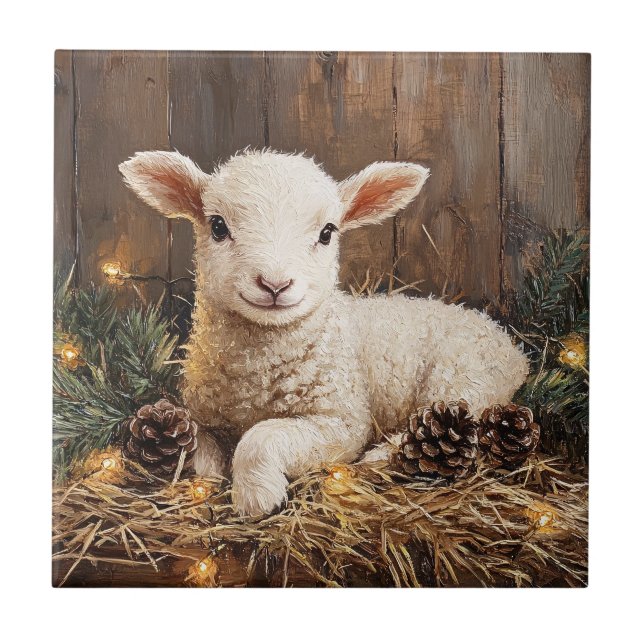 Cute Christmas Lamb Rustic Painting Tile (Front)