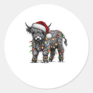Cute Christmas Light Highland Cattle Funny Cow Xma Classic Round Sticker