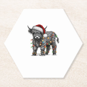 Cute Christmas Light Highland Cattle Funny Cow Xma Paper Coaster