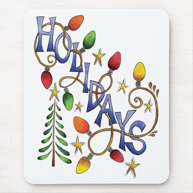 Cute Christmas, Lights and Stars with Holiday Text Mouse Mat (Front)