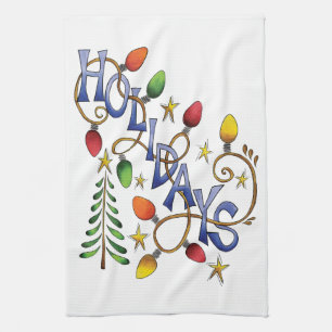 Cute Christmas, Lights and Stars with Holiday Text Tea Towel