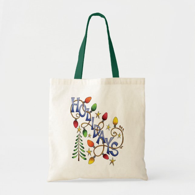 Cute Christmas, Lights and Stars with Holiday Text Tote Bag (Front)