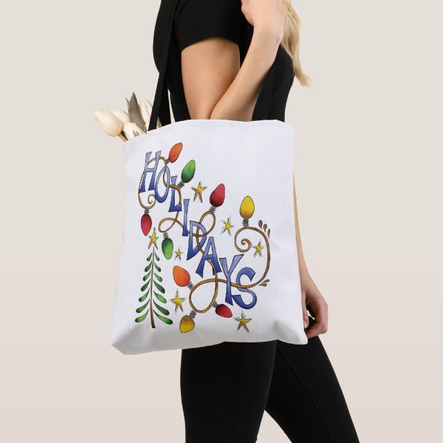 Cute Christmas, Lights and Stars with Holiday Tote Bag (Close Up)