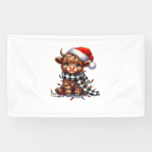 Cute Christmas Lights Highland Cow Funny Christmas Banner