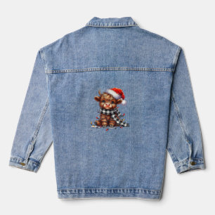 Cute Christmas Lights Highland Cow Funny Christmas Denim Jacket